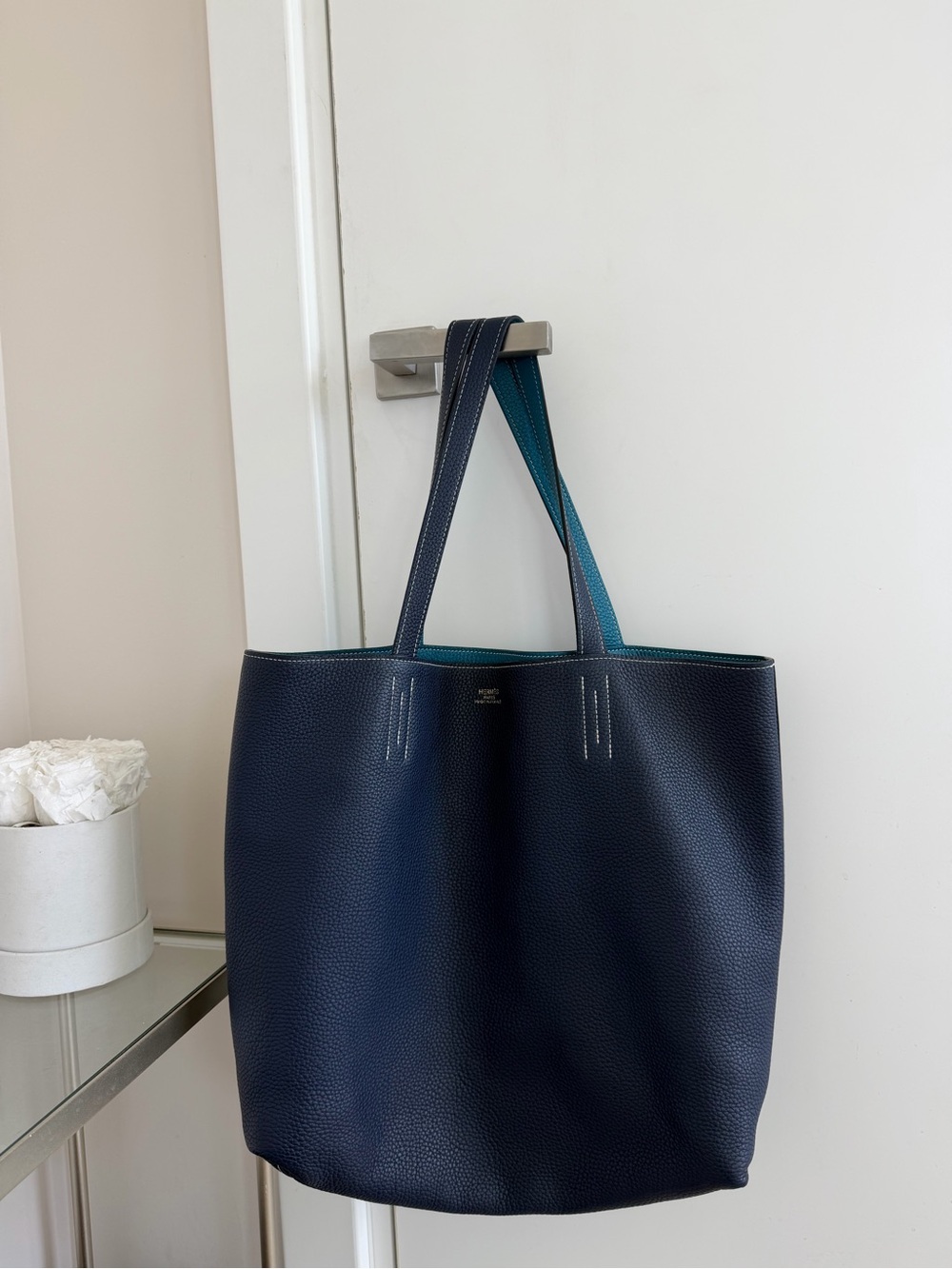 Hermes Taurillon Clemence Double Sens 36 Reversible Tote Deep Bleu Vert Bosphere
